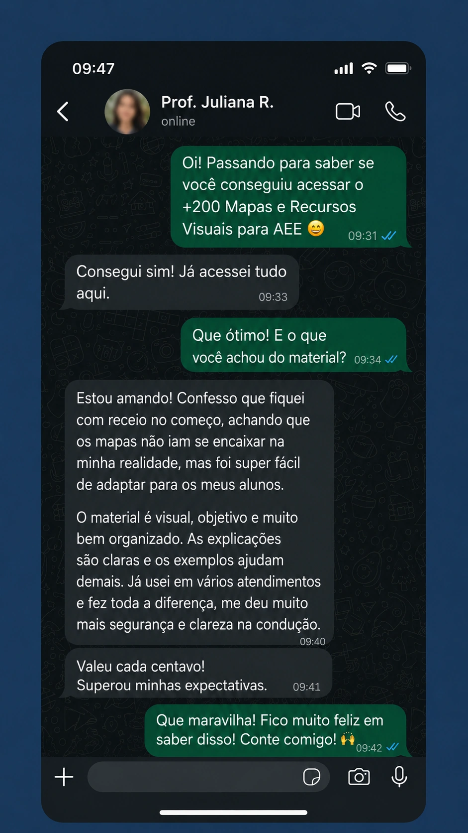 Conversa no WhatsApp sobre recursos visuais para AEE