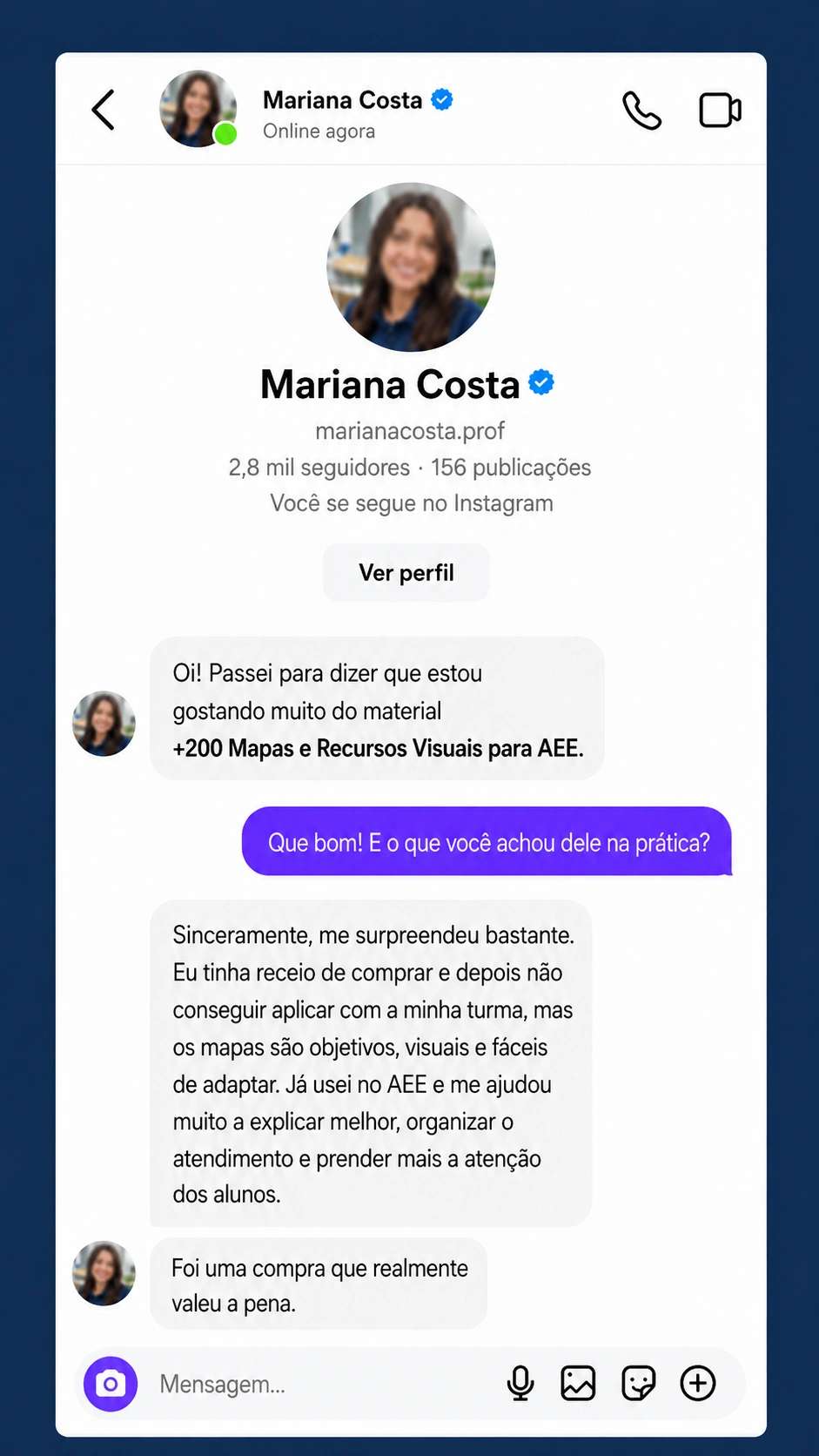 Conversa no Instagram sobre material +200 Mapas e Recursos Visuais para AEE